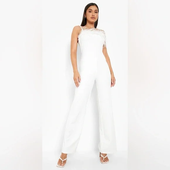 Wide Leg Women's White Party Jumpsuits White Ruffles Jumpsuit